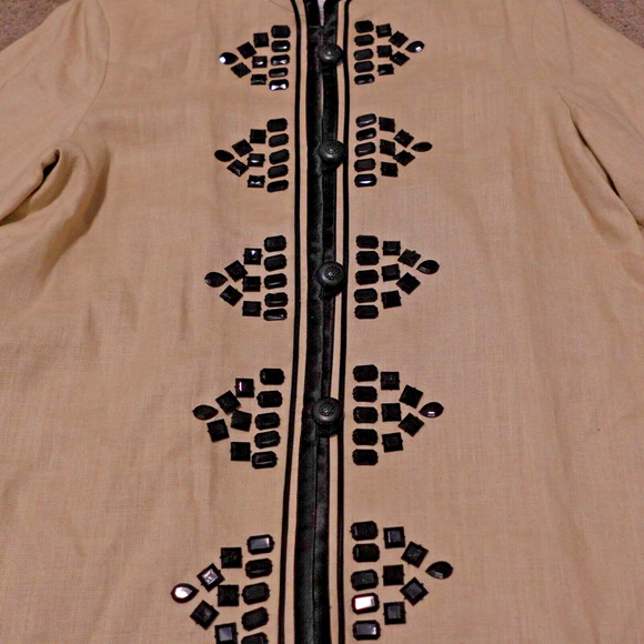 Linea Louis Dell'Olio Women Large Jacket 100% Linen Beaded Lined Tan - Picture 6 of 8